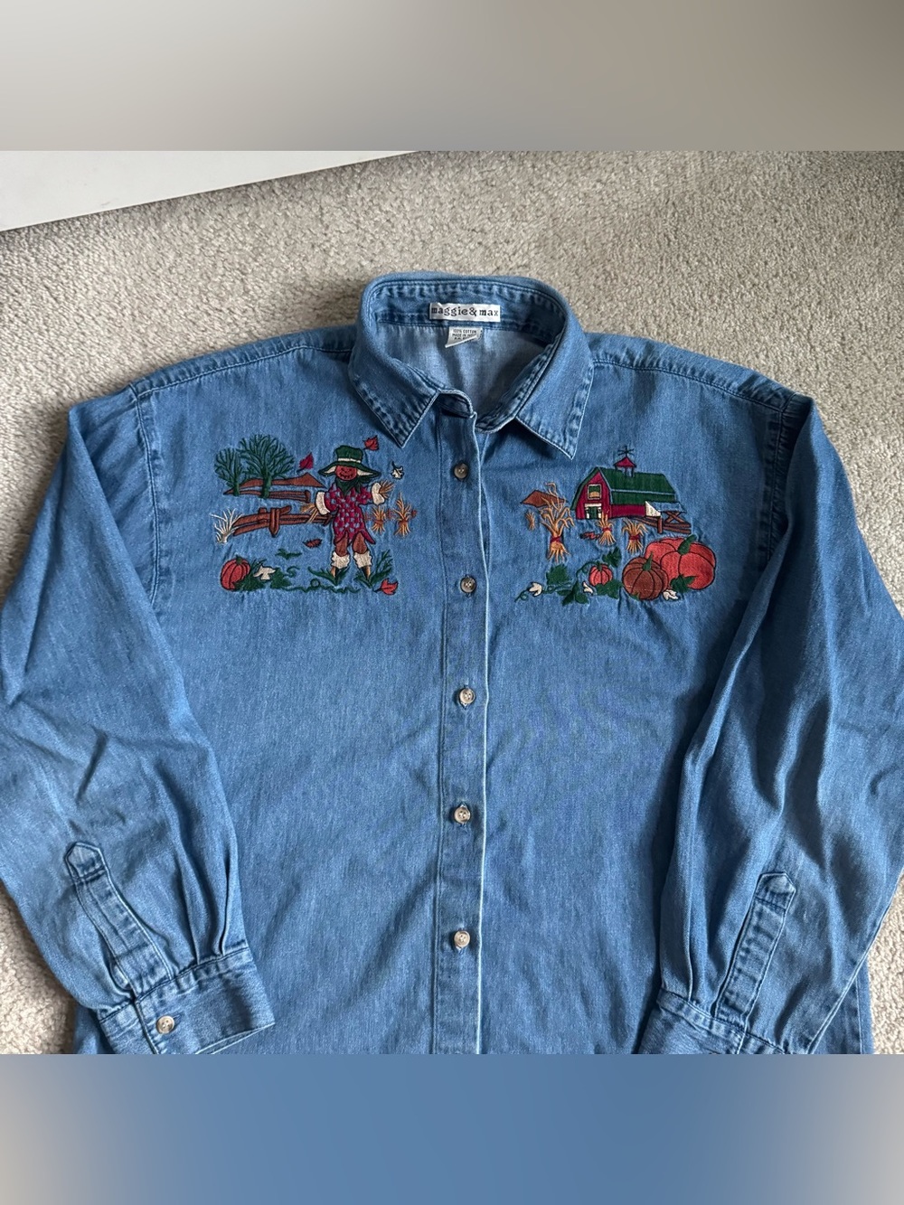 Vintage Embroidered Pumpkins Scarecrow Fall Denim Button Up Shirt Women’s Hallow